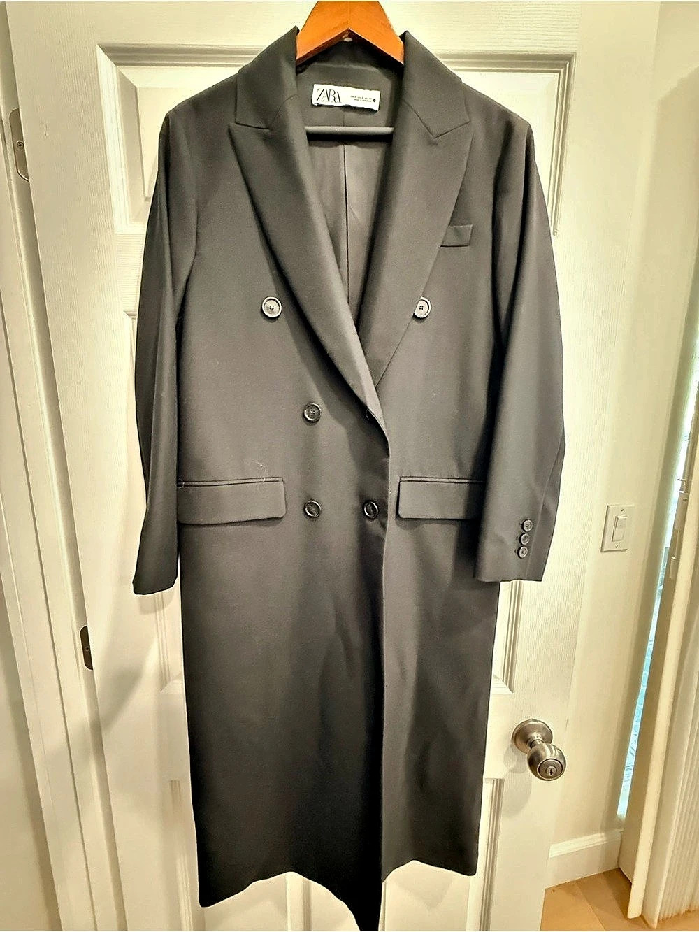 Zara Black Double Breasted Long Tailored Coat Size S NWOT